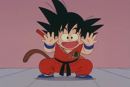 source_anime, score_9, score_8_up, score_7_up, anime screencap,8k, absurd res, son goku, solo, looking at viewer, smile, open mouth, black hair, 1boy, tail, full body, :d, male focus, black eyes, happy, spiked hair, wristband, fighting stance, dougi, against glass, monkey tail, white legwear, weapon on back, waving, shoes, socks, squatting, red pants, red topwear, symbol, raised eyebrows, print topwear, palms, male child, chibi, clothes writing, blue wristband, blue footwear, black sash, 1980s \(style\), retro artstyle, sleeveless
 <lora:gokudb_pony_v3:0.8>