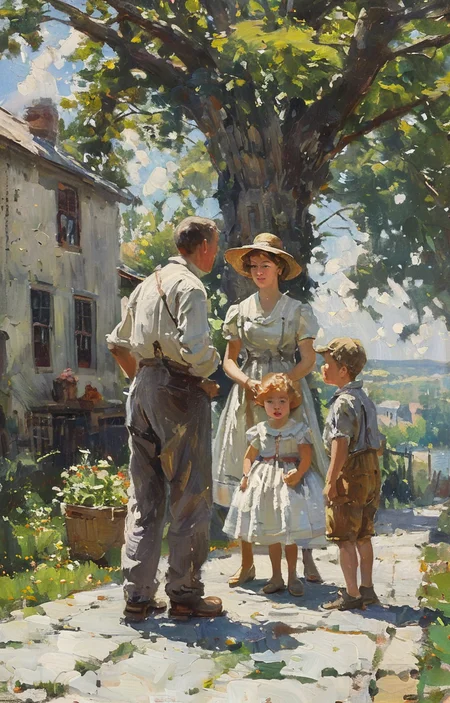 masterpiece,best quality,<lora:tbh209-sdxl:0.9>,illustration,style of Anthony Thieme portrait of family