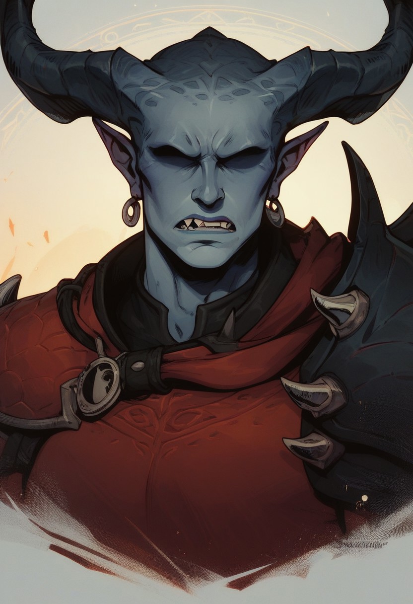 score_9, score_8_up, score_8, score_7_up, score_7, score_6_up, score_6, score_5_up, tiefling, gray skin, horns in a circle pattern, black tipped horns, runes, shoulder armor, spikes, wizard robes, red clothing, claws, masculine face, wide jawline, angry, intense expression, (eyeless, no eyes:1.3), vox machine style, 1boy, male focus, solo, close up portrait , fantasy, night background, (dynamic lighting:1.1)
((masterpiece))