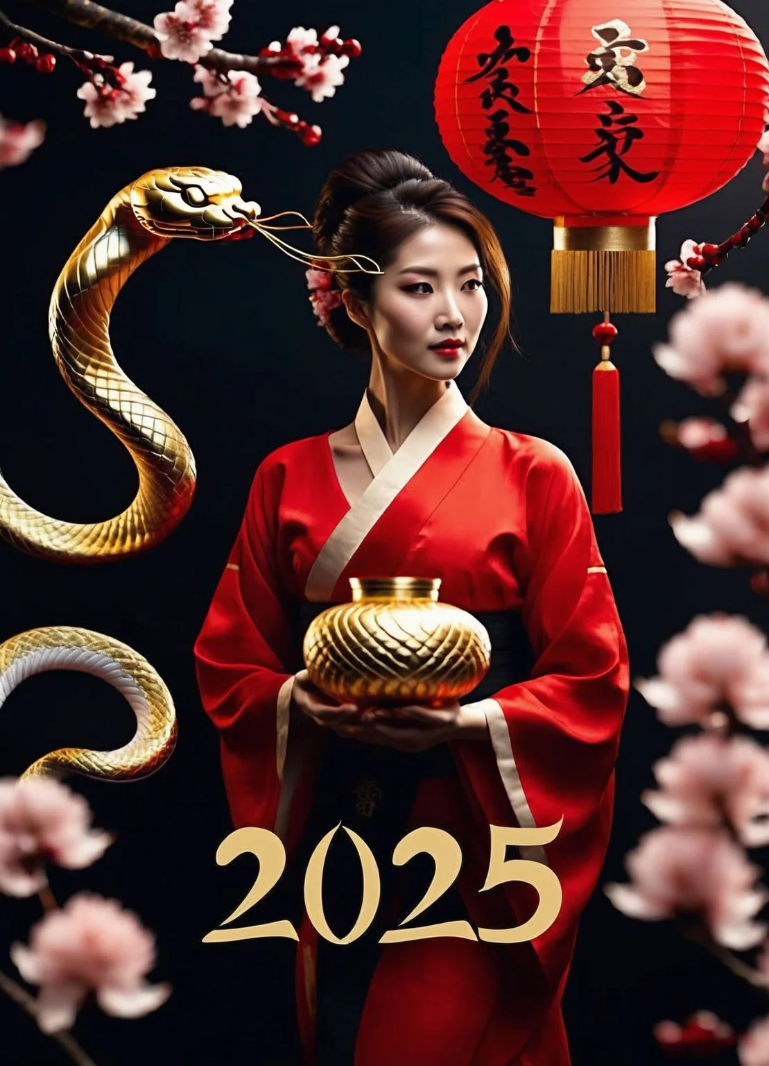 yearofthesnake, ("2025" text), woman holding a gold snake, paper lantern, close-up, calligraphy, cherry blossom tree, detailed background, (fireworks)
<lora:yearofthesnake:.7>