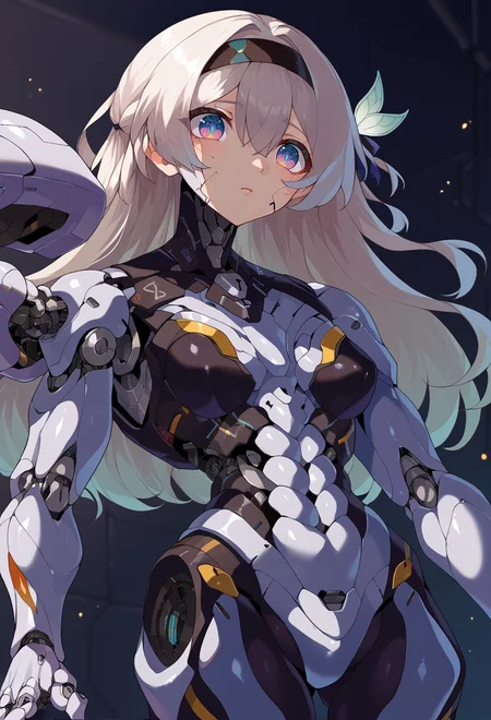 score_9, score_7_up, source_anime, BREAK <lora:yunimaru_style:1> yunimaru, science fiction, cyborg, mechanical parts, mechanical arms, joints, <lora:ChamFireflyV2PonyXL:1> FireflyHSR, blue pupils, long hair, black hairband, hair ornament, SAM,