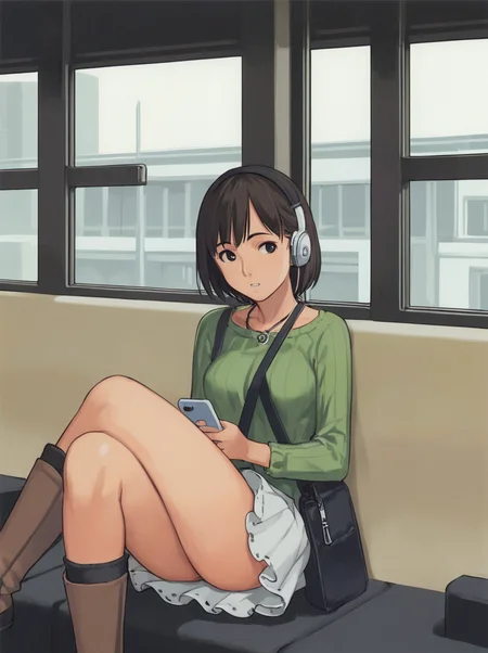 score_9_up,score_8_up,score_7_up, <lora:comiclo-xl-pony:0.7>,1girl, solo, crossed legs, skirt, sitting, strap between breasts, brown hair, bag, phone, short hair, headphones, train interior, between breasts, boots, cellphone, necklace, long sleeves, jewelry, parted lips, breasts, holding, watermark, bangs, miniskirt, socks, brown footwear, shirt, window, handbag, thighs, smartphone, frills, medium breasts, shoulder bag, earphones, holding phone, looking to the side, looking away, brown eyes, iphone, black eyes, digital media player, pleated skirt, frilled skirt, cable, green shirt, indoors, knee boots, legs, layered skirt, white skirt,