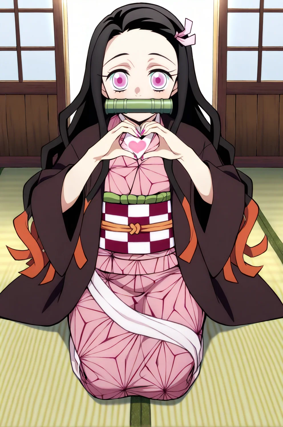 best quality, amazing quality, very aesthetic, absurdres,anime screencap, kamado nezuko,1girl,solo,magenta pupils,black hair,two-tone hair,long hair,black haori,pink kimono, checkered obi, pink hair ribbon,long sleeves, heart hands, looking at viewer,seiza, pink nails, asa no ha \(pattern\),indoors, wooden wall, sliding doors,pov,(from above:0.7),kneeling, tatami, natural light,plant,bamboo bit gag, looking up  <lora:NezukoIllus:1>