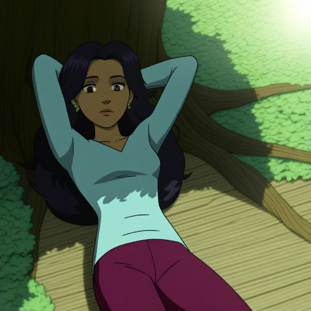 score_9, solo, susan_v, 1girl, long hair, black hair, earrings, brown eyes, dark skin, shirt, long sleeves, pants, tree, sunlight, shadows, natural lighting, on back, hands behind head