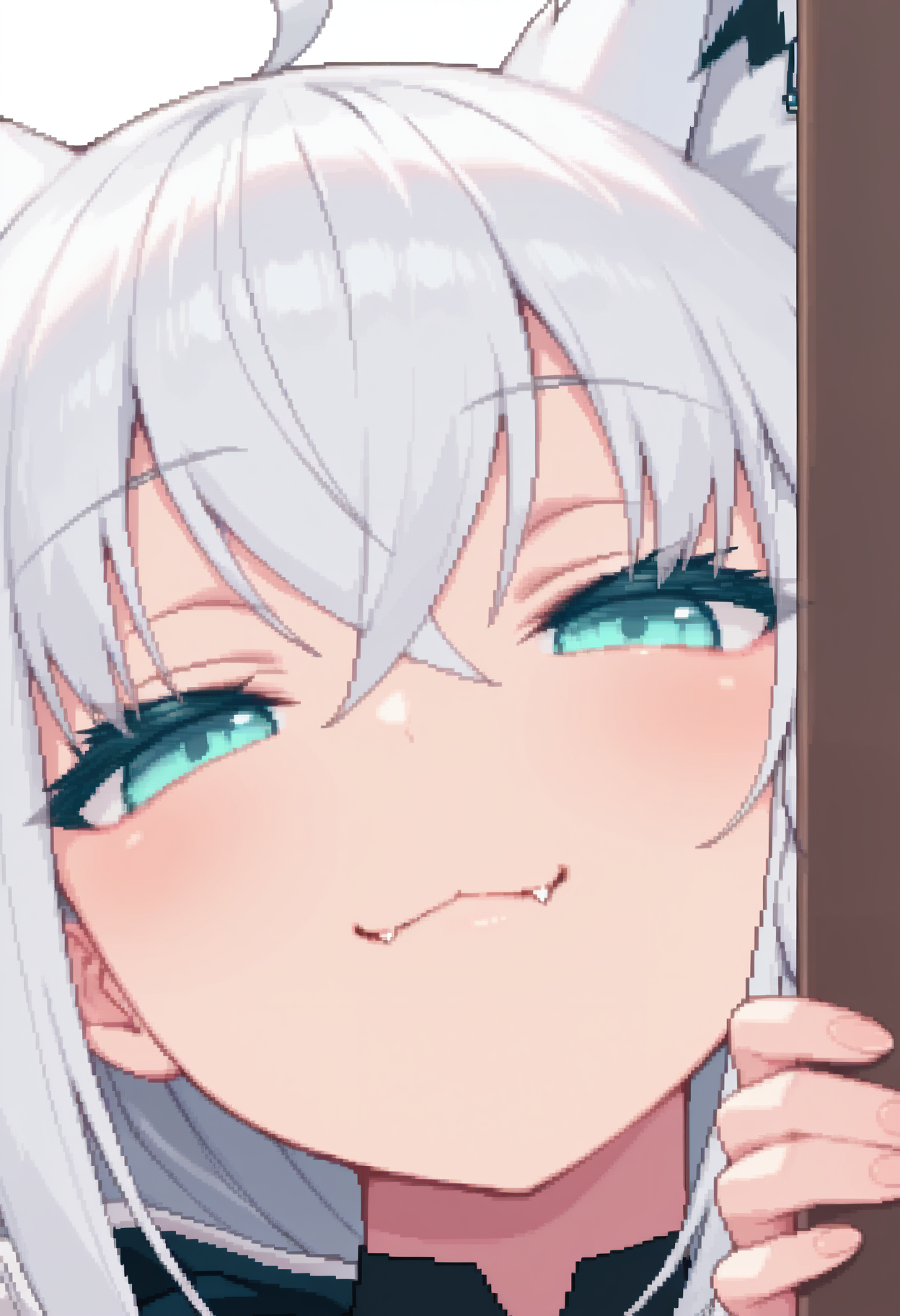 masterpiece, best quality, amazing quality, tinia etru, 

1girl, solo, shirakami fubuki, animal ear fluff, fang, 

portrait, cropped, peeking out, :3, half-closed eyes, 

simple background, white background, 