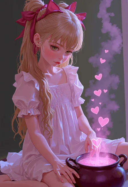 SWMS,(a pin-up poster of a cute witch), [cowboy-shot, focused], [slender and toned figure], [long blonde hair up in a messy bun], brewing a love potion in a steaming cauldron, [tiny pink hearts floating up from the bubbling liquid with the pink mist], [pale green eyes focusing on the cauldron], wearing a sundress, a cute witch's cottage background, [magical, dreamy atmosphere], [morning setting, soft whispers of a breeze], [a sense of enchantment] detailed drawing   <lora:FLUX - SWMSF - Styles for FLUX ( detailed drawing, swms ):1> <lora:FLUX - Surreal_Photo (Glitter):0.6>