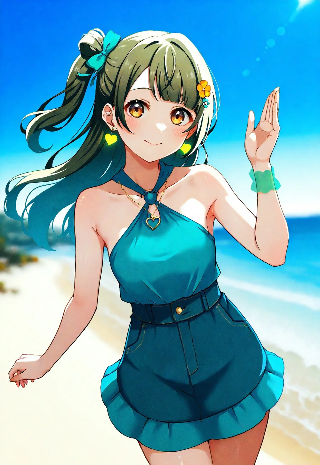 volumetric lighting, ambient occlusion, luminescent background, masterpiece, very awa, , blurry background,  outdoors, beach, blue sky, sunlight, summer,pastel colors, warm colored
BREAK
dynamic pose,  looking at viewer, blurry background, absurdres, masterpeice, best quality, very aesthetic,closed mouth, smile, , looking at viewer, hand up, armpits, wide shot, outstretched hand,
BREAK
lovelive_kotori, grayish brown hair, green hair bow, bangs, one side up, long hair, brown eyes,earrings, heart-shaped earrings, necklace, yellow heart necklace, crop top, green crop top with yellow heart, halter neck top, suspenders, mint green suspenders, bracelet, green wristband, shorts, mint green skirt, denim overalls, skirt overall, floral hair accessory, orange flower hairpin, green ribbon hair tie, tiny skirt, swimsuit, tight skirt