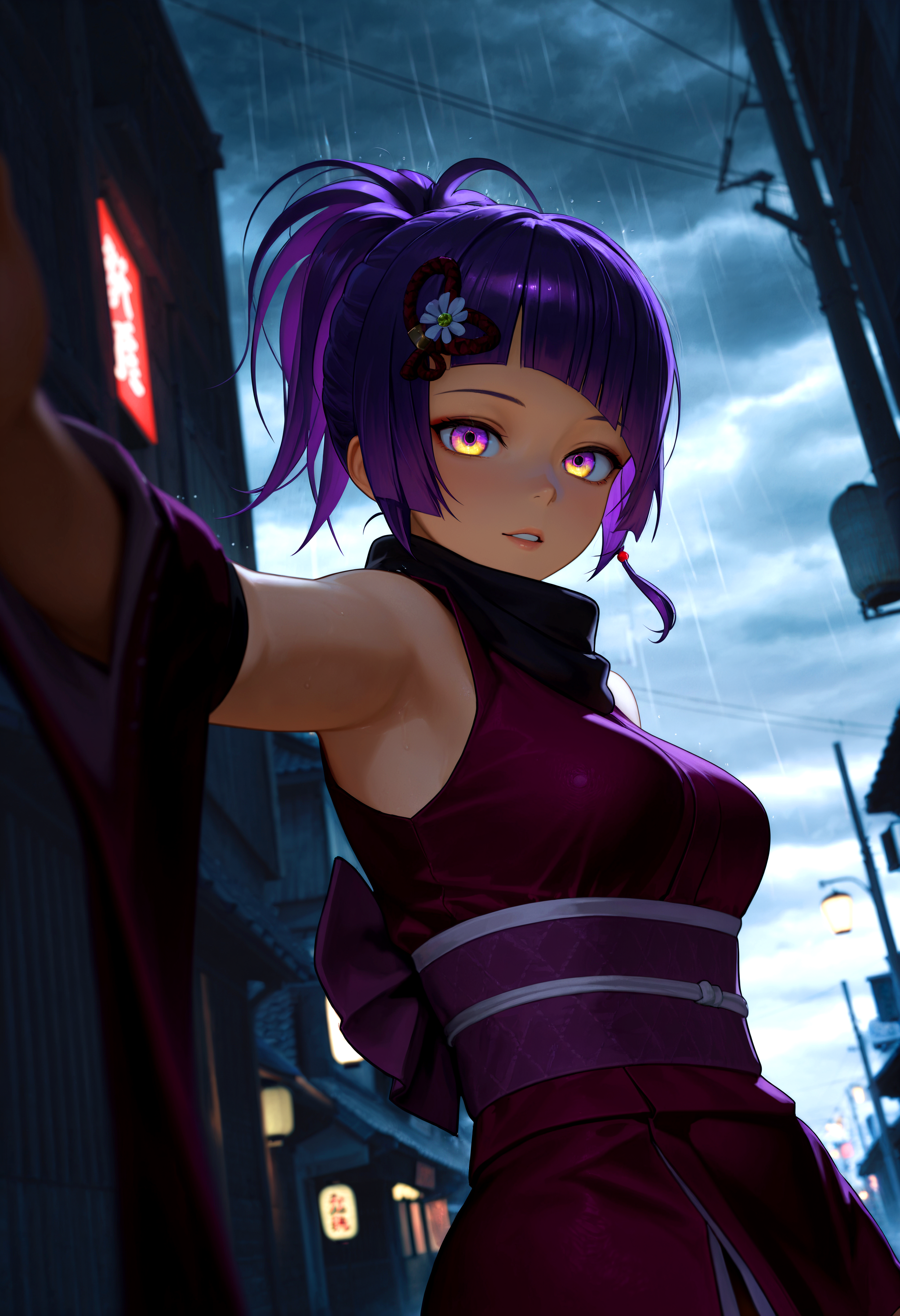 HDR, 8K, high contrast, masterpiece, best quality, amazing quality, very aesthetic, high resolution, ultra-detailed, absurdres, newest, scenery, crazy shadow, dynamic angle, chiaroscuro, close up, foreshortening, gw_aoi, 1girl, purple eyes, yellow eyes, multicolored eyes, purple hair, blunt bangs, ponytail, hair ornament, medium breasts, hair ornament, japanese clothes, sleeveless, short kimono, ninja, looking at viewer, photo background, outside, overcast, neon, street lights, street, cloudy, raining heavily, fog, BREAK, photorealistic, beautiful detailed eyes, detailed skin, detailed hair, volumetric lighting, dappled light, light particles, dramatic shadows, cinematic lighting, photo background, depth of field, <lora:IL\KMS_GW_Aoi_IL:0.8>