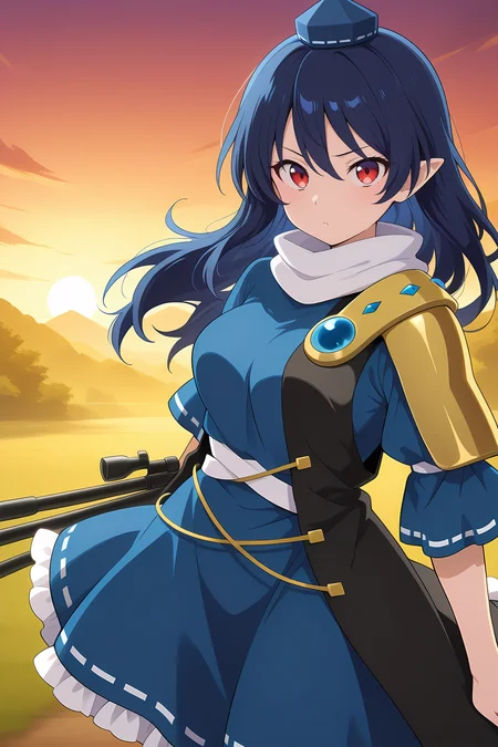 absurdres, highres, masterpiece, best quality, amazing quality, official anime artwork, screencap, anime screencap, outdoors, looking at viewer, dynamic pose, standing, 
 <lora:Megumu-Iizunamaru_Illustrious:1> iizunamaru megumu, 1girl, solo, red eyes, blue hair, long hair, tokin hat, blue hat, blue dress, ribbon-trimed dress, white scarf, black cape, shoulder guard, white socks, holdin tripod,