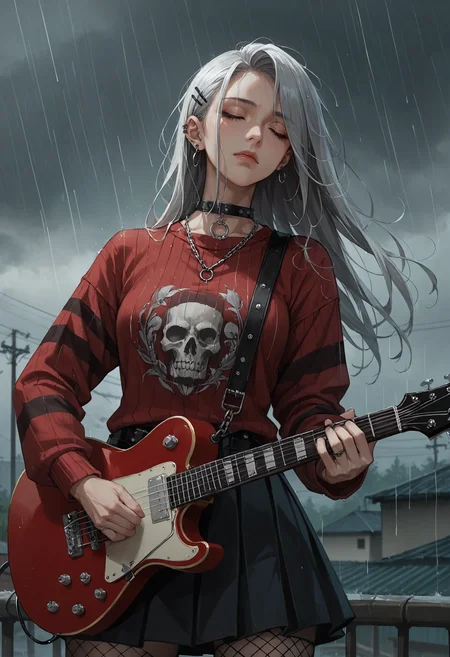 score_9, score_8_up, score_7_up, score_6_up, score_5_up, score_4_up, source_anime, high res image, masterpiece, best quality, 1girl, solo, <lora:Kazuki Dora V2:0.8> Kazuki, silver hair, long hair, closed eyes, head down, concentrating, furrowed brow, rain, overcast, downpour, depth of field, rooftop, <lora:StS_age_slider_v1_initial_release:2> <lora:Concept Art Twilight Style SDXL_LoRA_Pony Diffusion V6 XL:0.8> concept art, <lora:electric_guitar___playing_instrument:1> playing_instrument, electric_guitar, HDA_EmoFashionXL,