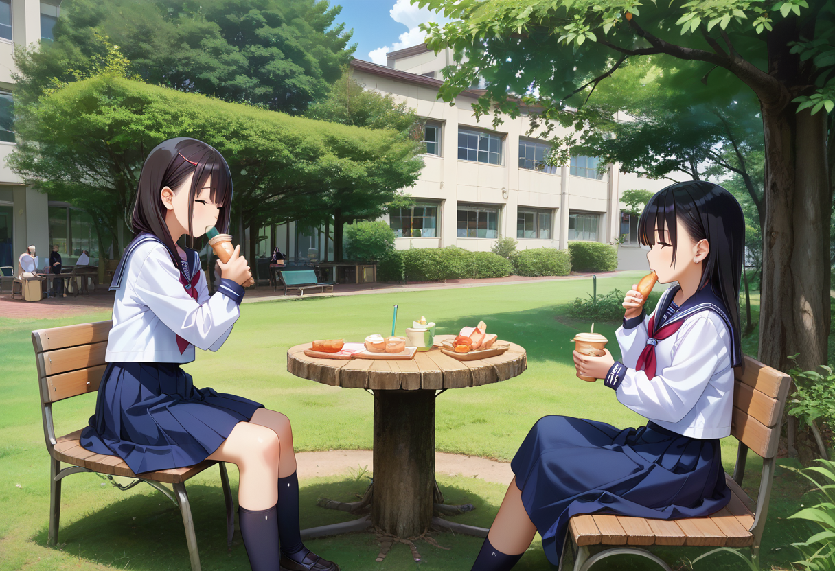score_9, score_8_up, score_7_up, rating_safe, masterpiece, best quality, absurdres, unity 8k wallpaper, official art, official style, source_anime, uncensored, game cg, megami magazine,
nakaniwa, multiple girls, tree, school uniform, outdoors, sitting, serafuku, black hair, scenery, skirt, table, grass, bench, day, food, cup, building, eating, sailor collar
 <lora:gakkou_nakaniwa_PONY_V1:1>