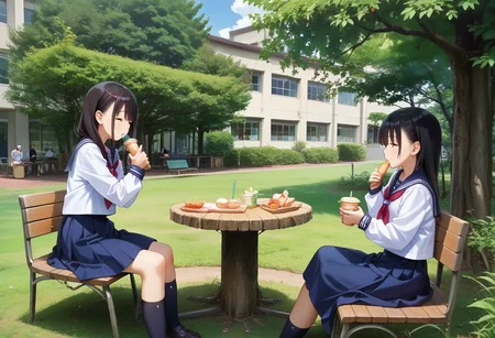 score_9, score_8_up, score_7_up, rating_safe, masterpiece, best quality, absurdres, unity 8k wallpaper, official art, official style, source_anime, uncensored, game cg, megami magazine,
nakaniwa, multiple girls, tree, school uniform, outdoors, sitting, serafuku, black hair, scenery, skirt, table, grass, bench, day, food, cup, building, eating, sailor collar
 <lora:gakkou_nakaniwa_PONY_V1:1>