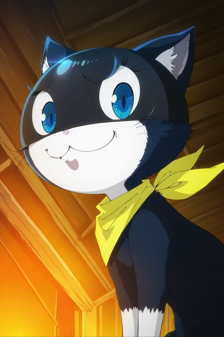 <lora:Persona_5_Royal_and_Strikers_2D_cutscene_art_style_Illustrious_V2:1>
masterpiece, anime screencap, anime coloring, official art, Shigenori Soejima,
in an attic,
morgana (persona 5), cat, blue eyes, :3, solo, looking at viewer, smug expression, laughing, no humans
