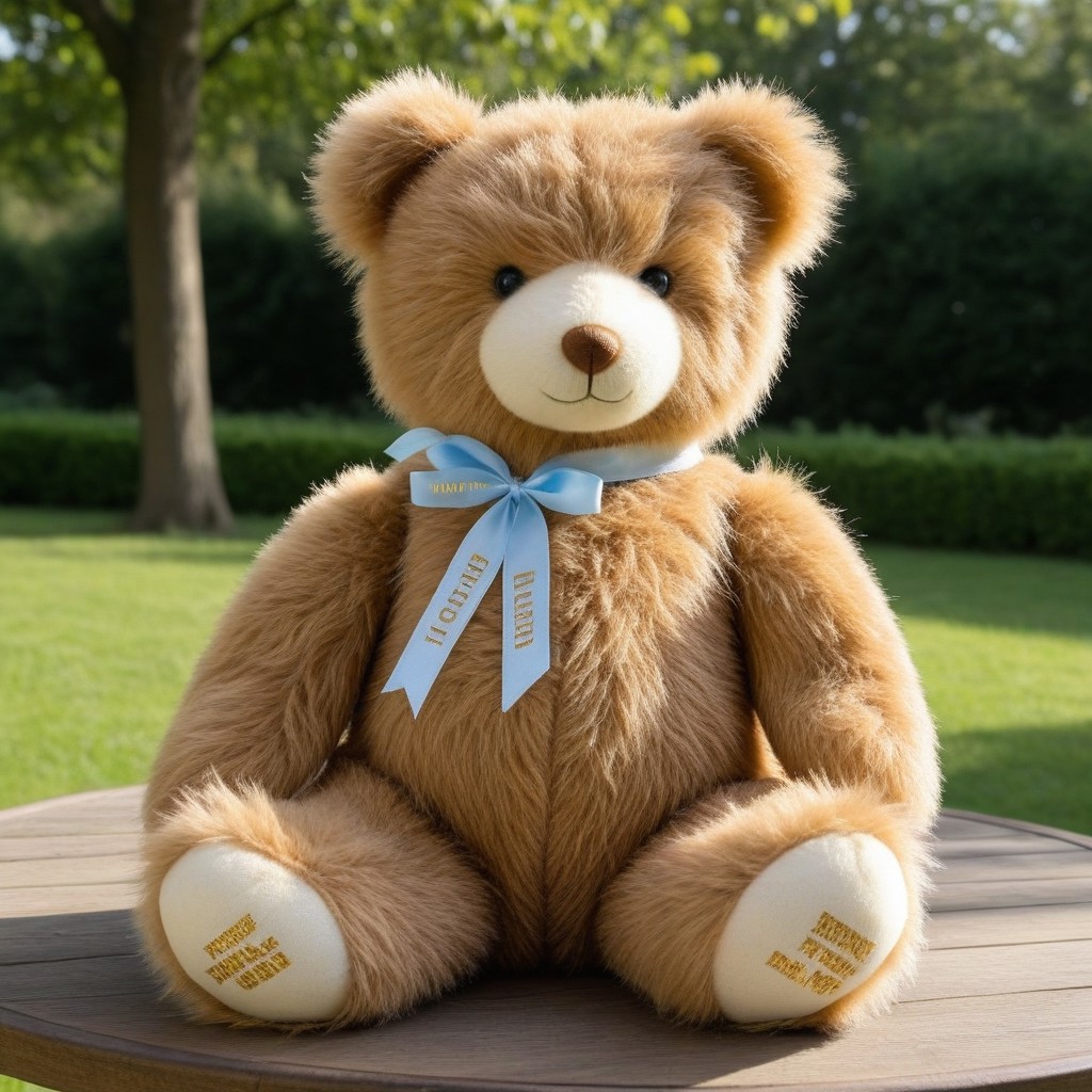 teddy_bear_long_fur,
solo,,full body,
brown fur,
ribbon is tied around its neck,
Gold-colored text is visible on the ribbon,
Antique table, outdoors, bright sunlight, garden, green trees, blue sky, white clouds,