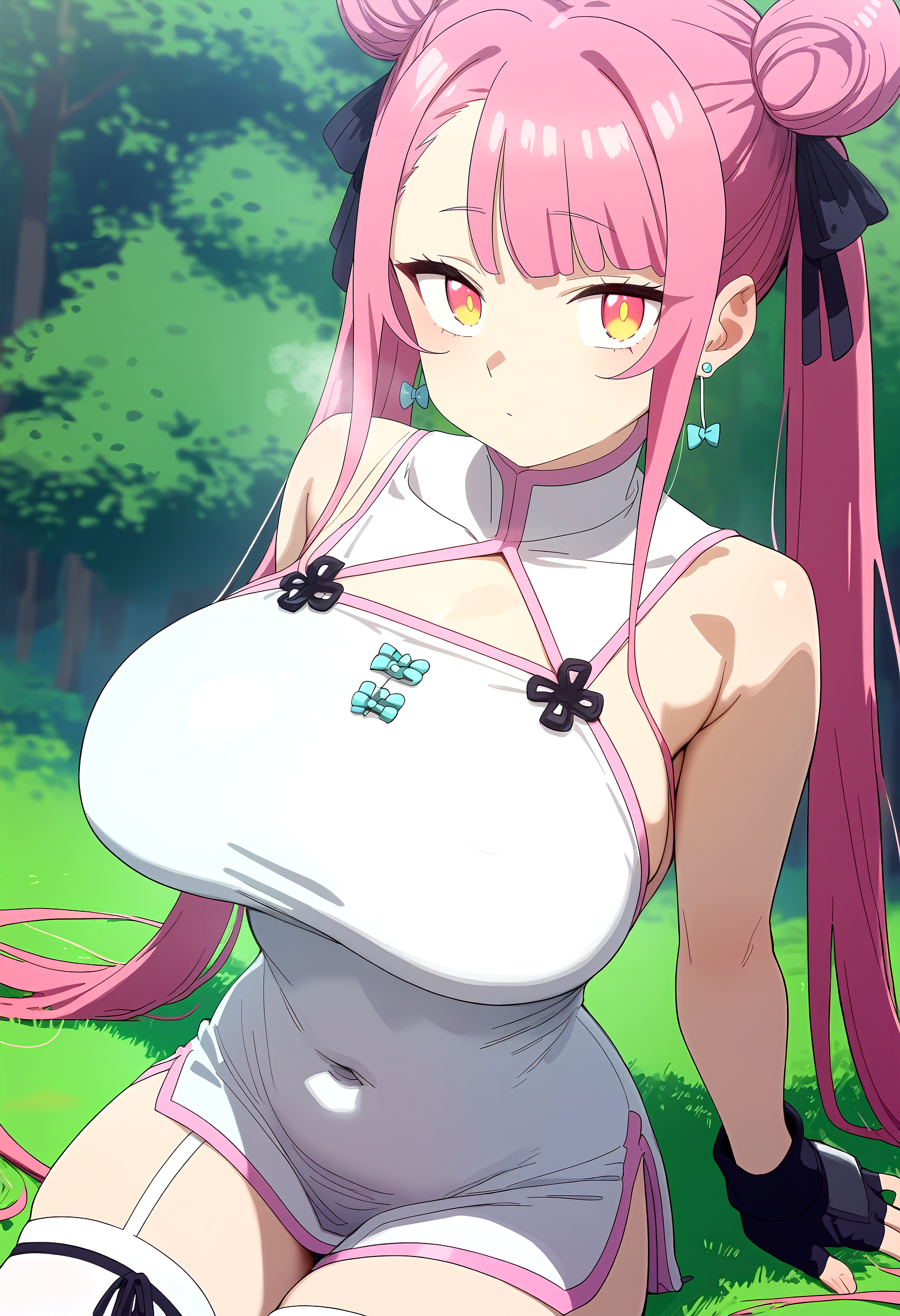 score_9, score_8_up, score_7_up, score_6_up, source_anime, rating_explicit, <lora:neg4all_bdsqlsz_V3.5:2.0>1girl, (solo:1.2), huge breasts, <lora:Taoponyxl:1> long hair, pink hair, double bun, twintails, hair ribbon, yellow eyes, pink eyes, earrings, white dress, china dress, sleeveless, covered navel, black gloves, fingerless gloves, white thighhighs, black ribbon, asymmetrical legwear, uneven legwear, expressionless, Narrow shoulders, heavy breathing, steaming body, forest, outdoor, close-up, (front view:1.2), looking at viewer,