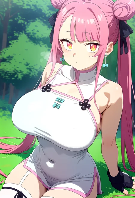 score_9, score_8_up, score_7_up, score_6_up, source_anime, rating_explicit, <lora:neg4all_bdsqlsz_V3.5:2.0>1girl, (solo:1.2), huge breasts, <lora:Taoponyxl:1> long hair, pink hair, double bun, twintails, hair ribbon, yellow eyes, pink eyes, earrings, white dress, china dress, sleeveless, covered navel, black gloves, fingerless gloves, white thighhighs, black ribbon, asymmetrical legwear, uneven legwear, expressionless, Narrow shoulders, heavy breathing, steaming body, forest, outdoor, close-up, (front view:1.2), looking at viewer,