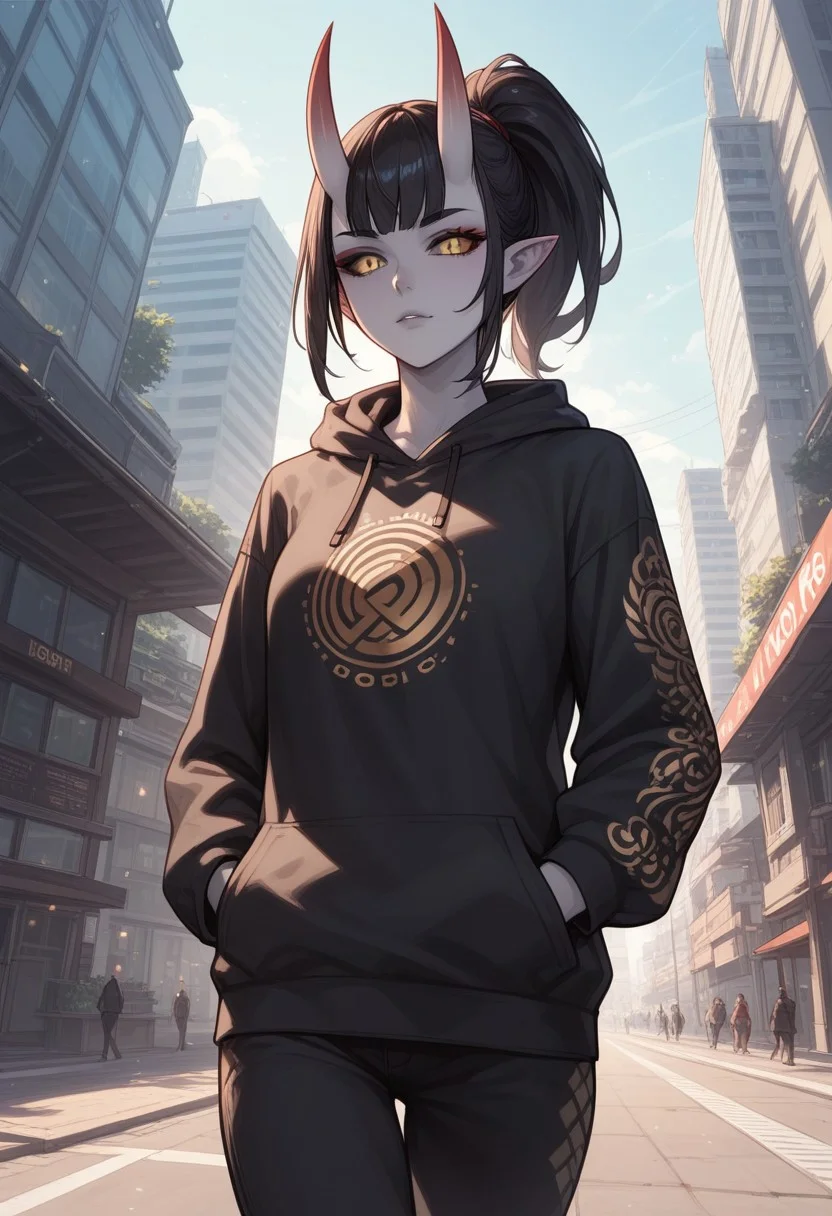 score_9, score_8_up, score_7_up, score_6_up, rating_questionable, 1girl, Polly, PollyRH, oni horns, pointy ears, colored sclera, third eye, black sclera, slit pupils, grey skin, long black hair, ponytail, gold eyes, HD32k, dynamic pose, aesthetic, perspective, solo, detailed, sensual look, walking, black print hoodie, pants, city, angle shot, hands on pockets, looking away, pensive