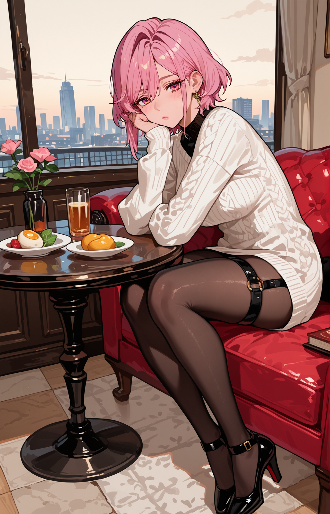 <lora:ShiratoriAiraCYQL:1>,ShiratoriAiraCYQL,1girl,solo,short hair,pink hair,pink eyes,
couch,breasts,skyscraper,building,pantyhose,table,sitting,cityscape,window,indoors,largebreasts,cup,lookingatviewer,city,oncouch,scenery,longsleeves,jacket,sky,book,bottle,chair,highheels,food,thighstrap,flower,crossedlegs,drinkingglass,jewelry,blackfootwear,closedmouth,sweater,clock,shirt,blackpantyhose,fullbody,plant,,
BREAK
<lora:ponyv4_noob1_2_adamW:0.7>,<lora:spo_sdxl_10ep_4k-data_lora_webui:0.6>,<lora:USNR STYLE_XL_loha:0.45>,<lora:748cmSDXL:1>,usnr,748cmstyle,
perfect quality,high quality,masterpiece,best quality,amazing quality,very aesthetic,absurdres,newest,