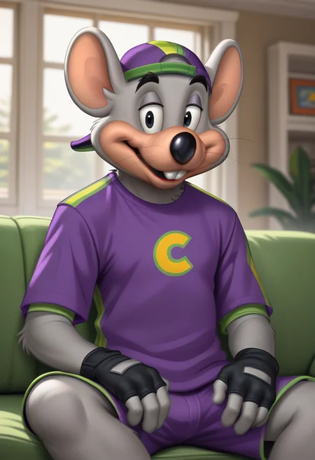 score_9, score_8_up, score_8, <lora:Charles_Entertainment_Cheese_Avenger_Chuck_E._Cheese_for_PonyXL:0.8> furry, 1boy, chuck3chee3e, mouse boy, male focus, hat, solo, shirt, buck teeth, black eyes, backwards hat, shorts, fingerless gloves, purple shirt, sitting on couch, living room, window,