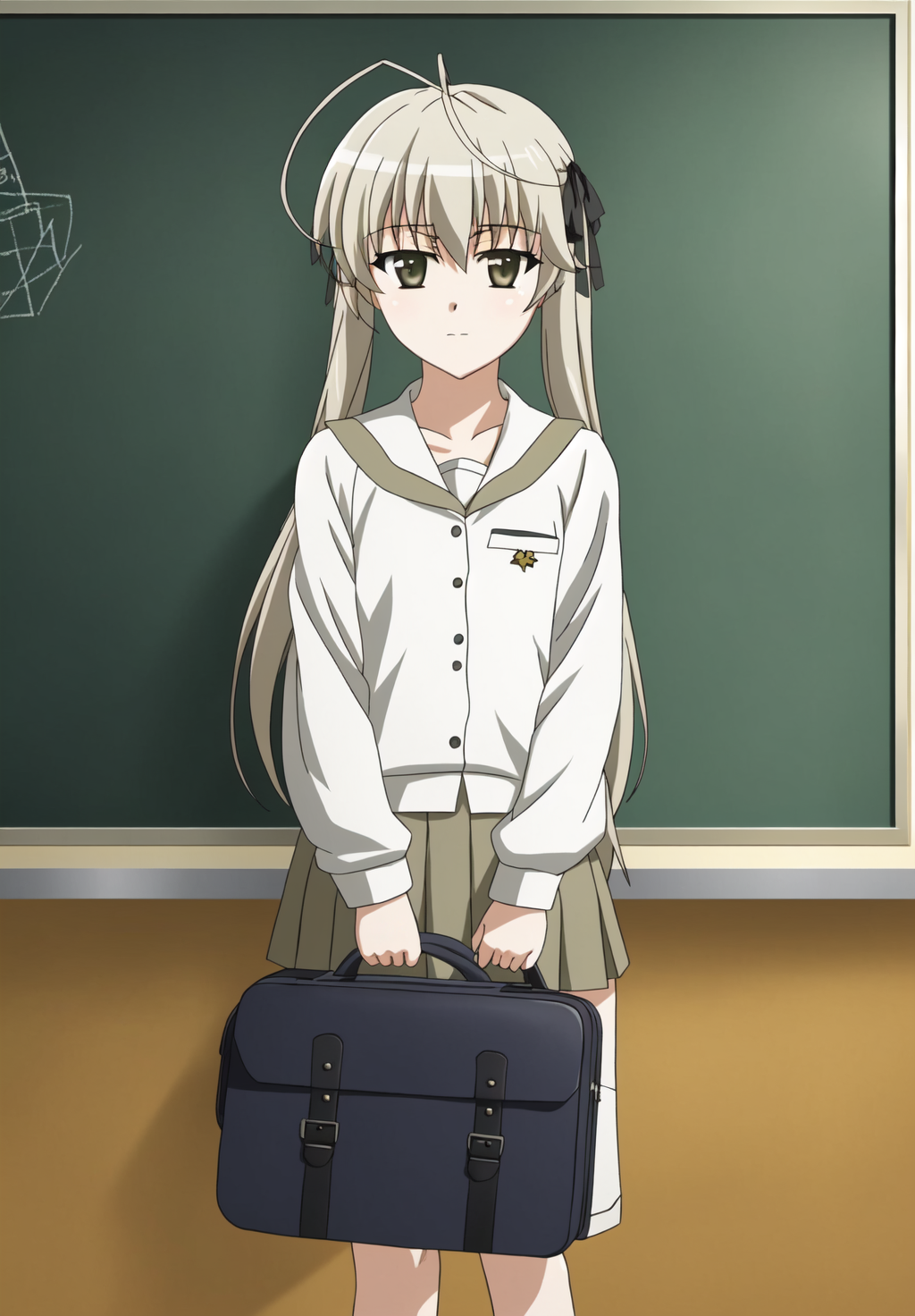 <lora:Sora_Kasugano:0.8>, Sora_Kasugano, 1girl, solo, looking at viewer, skirt, shirt, long sleeves, ribbon, holding, closed mouth, school uniform, standing, white shirt, pleated skirt, indoors, bag, school bag, v arms, classroom, chalkboard, school briefcase
