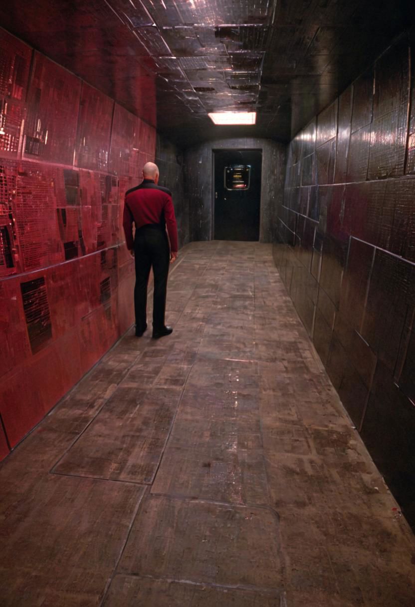 Star Trek TNG, Picard embedded in wall at the end of the floor, wearing a red Starfleet uniform, looking to viewer, a dystopian matrix abyss by H.P. Lovecraft, a long floor into eternity, black reflecting tiles, dimmed lightning, vintage sci-fi led panels, electrical panels, tool band art
