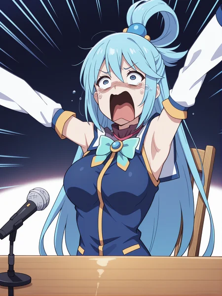 Smooth Quality - Illustrious,
anime, illustration,
<lora:pressconference_Illust_v1:0.9> press conference, microphone,
 <lora:meme_aquascreaming_illustriousXL:1> aquascreaming, screaming, open mouth, crying with eyes open, arms up, arched back, 
<lora:Aqua_Illustrious by Cyql:0.6> AquaCYQL, long hair, blue hair, very long hair, hair rings, hair ornament, blue eyes, shirt, blue shirt, detached sleeves, bare shoulders, (mature female:0.8), medium breasts,
1girl, solo, skinny,
<lora:Fixhands_anime_bdsqlsz_V1:1> sitting,
portrait, close-up, emphasis lines, 
white background, simple background, simple chair, simple table, wooden chair,
<lora:NSFWFilter_illusXL_Incrs_v1:-0.7>