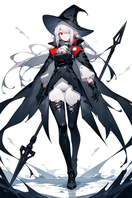 (score_9,score_8_up,score_7_up),<lora:Gladiia(Arknights)-v1-000008:0.6>,Gladiia(Arknights),1girl,white ascot,weapon,polearm,white pants,white background,holding weapon,boots,holding,ascot,solo,thighhighs,black footwear,simple background,hat,holding polearm,tight pants,black headwear,long hair,tight,red eyes,dress,full body,thigh boots,pants,black dress,spear,gloves,black gloves,looking at viewer,pointy ears,coat,cape,standing,bangs,black coat,grey hair,white hair,black cape,hair over one eye,pale skin,black thighhighs,very long hair,thighs,
good feet,anime,NSFW,expressive,amazing quality,ultra hd 32k,
