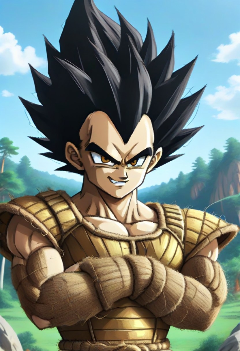 source_anime, pamcocomat, 1boy, vegeta, pamcocomat saiyan armor, upper body, crossed arms, looking at viewer, outdoors,spiky hair, black hair, Dragon Ball Z, angry, teeth, best quality, detailed face, detailed eyes
