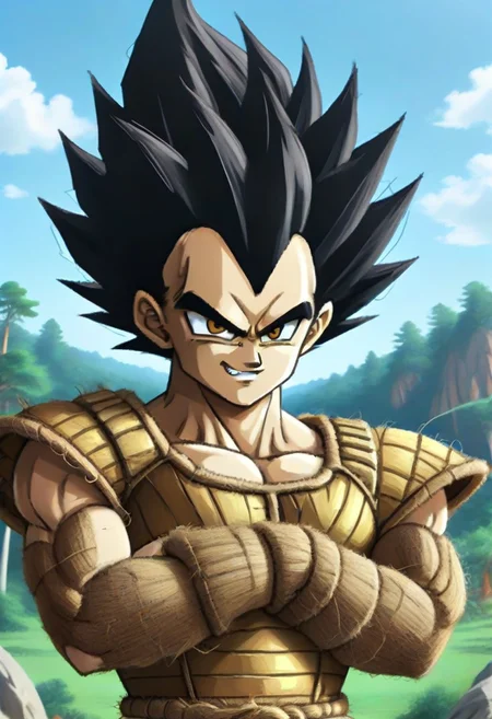 source_anime, pamcocomat, 1boy, vegeta, pamcocomat saiyan armor, upper body, crossed arms, looking at viewer, outdoors,spiky hair, black hair, Dragon Ball Z, angry, teeth, best quality, detailed face, detailed eyes