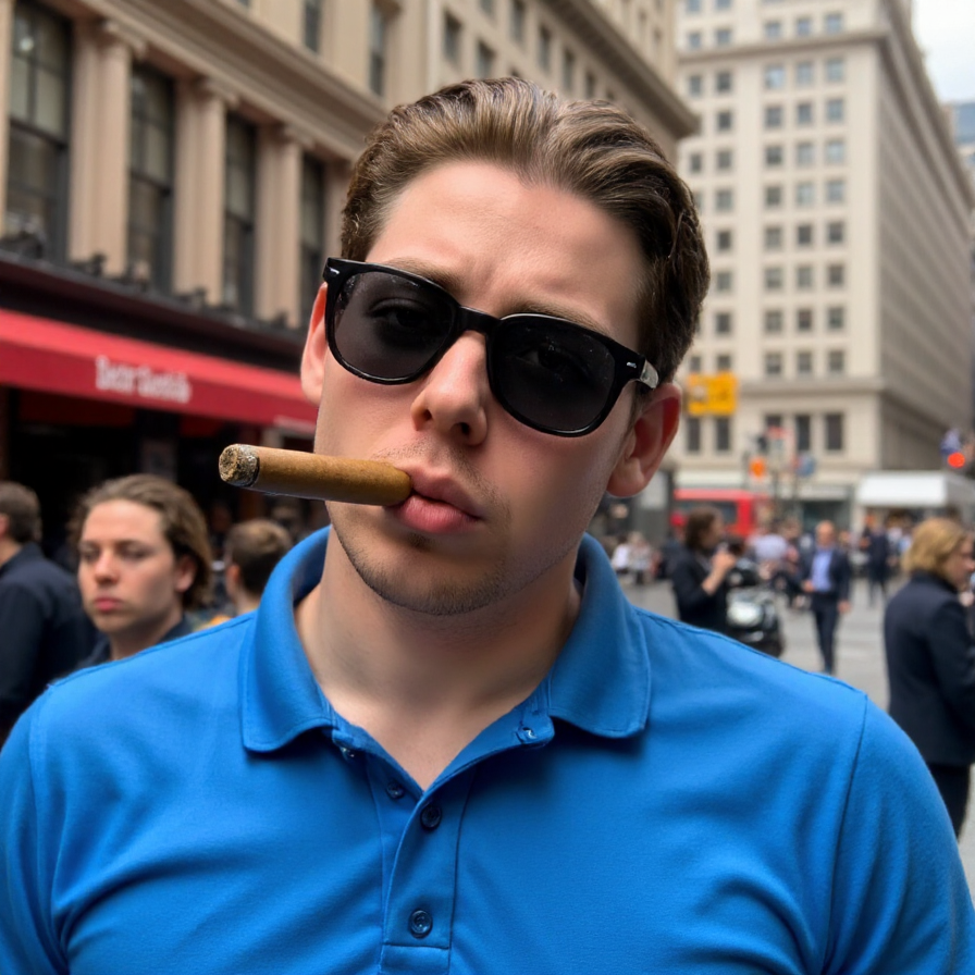 photo of Matthis Coleman wearing a blue polo shirt and wearing black sunglasses. He is smoking a cigar at New York City. 50mm photography. Bokeh Effect. Award winning photography  <lora:Matthis_Coleman_FLUX:1>