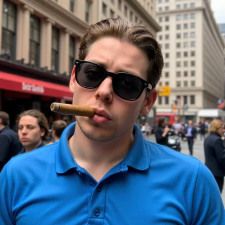 photo of Matthis Coleman wearing a blue polo shirt and wearing black sunglasses. He is smoking a cigar at New York City. 50mm photography. Bokeh Effect. Award winning photography <lora:Matthis_Coleman_FLUX:1>