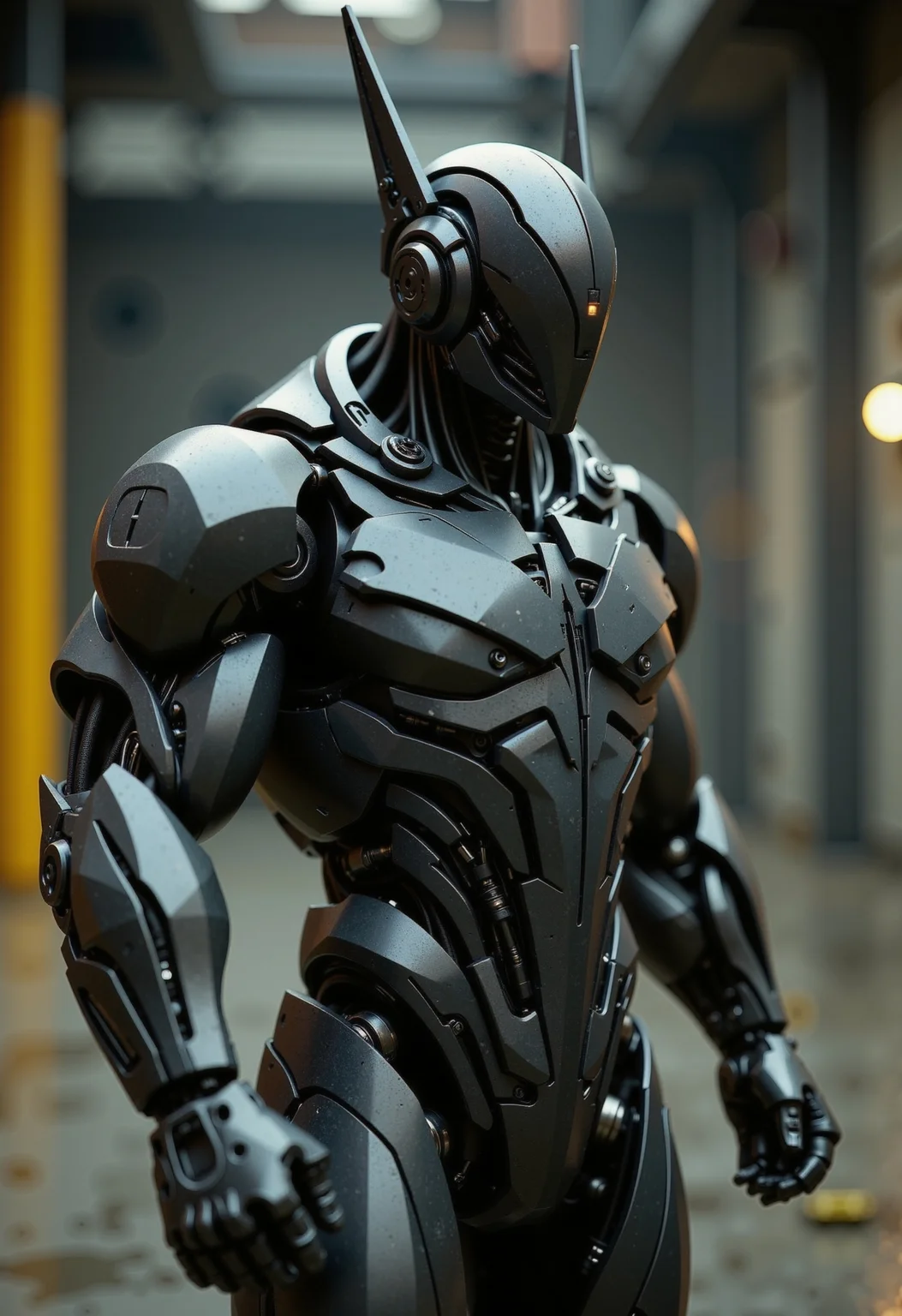 in the style of ckfa, Photorealistic full body shot of a faceless android warrior posing in a bodybuilder pose. Features a striking helmet design with a sharp, central V-shaped faceplate made of matte black segmented plates, converging to a point. Flanked by tall, slender, slightly curved fin-like antennae/crests rising vertically. Extremely intricate mechanical neck and upper torso visible, showcasing layered dark gunmetal plating, exposed actuators, wiring, and complex joints. big fist and massive complex segmented plates as muscles, Set against a gritty, out-of-focus industrial or urban decay fitness gym background. Cinematic lighting, hyperrealistic textures, shallow depth of field.