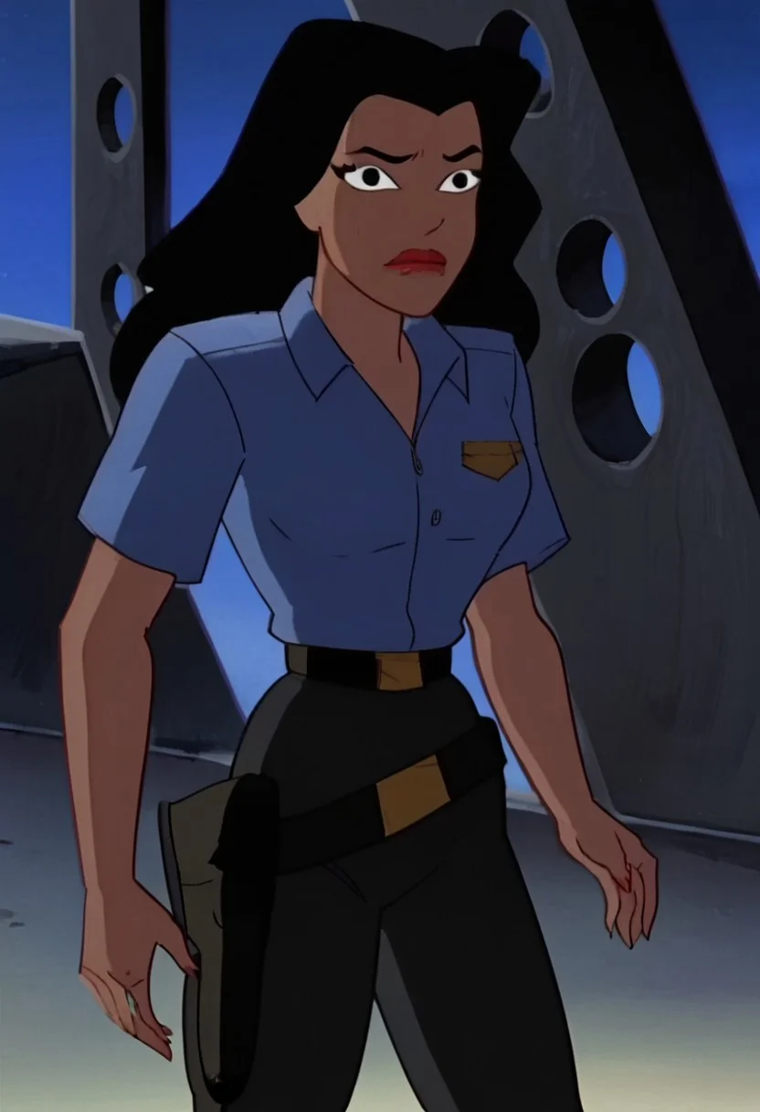 safe_pos, score_9, score_8_up, score_7_up, 1girl, solo, lipstick, black hair, black eyes, breast, blue shirt, short sleeves, belt, black pants, dark skin, GinaSA, looking at viewer, scared, cartoon_screencap, closed mouth