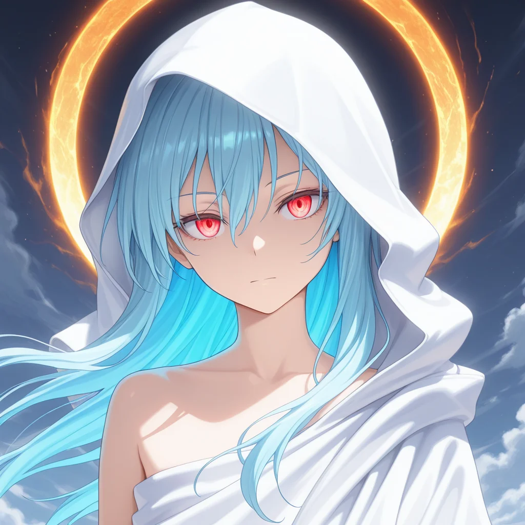 masterpiece, colorful, amazing_quality, best_quality, <lora:raphael-v1-000009:0.8> ts-raphael, 1other, white hooded_robe, portrait, glowing, androgynous, head tilt, floating hair, right_bare_shoulders,