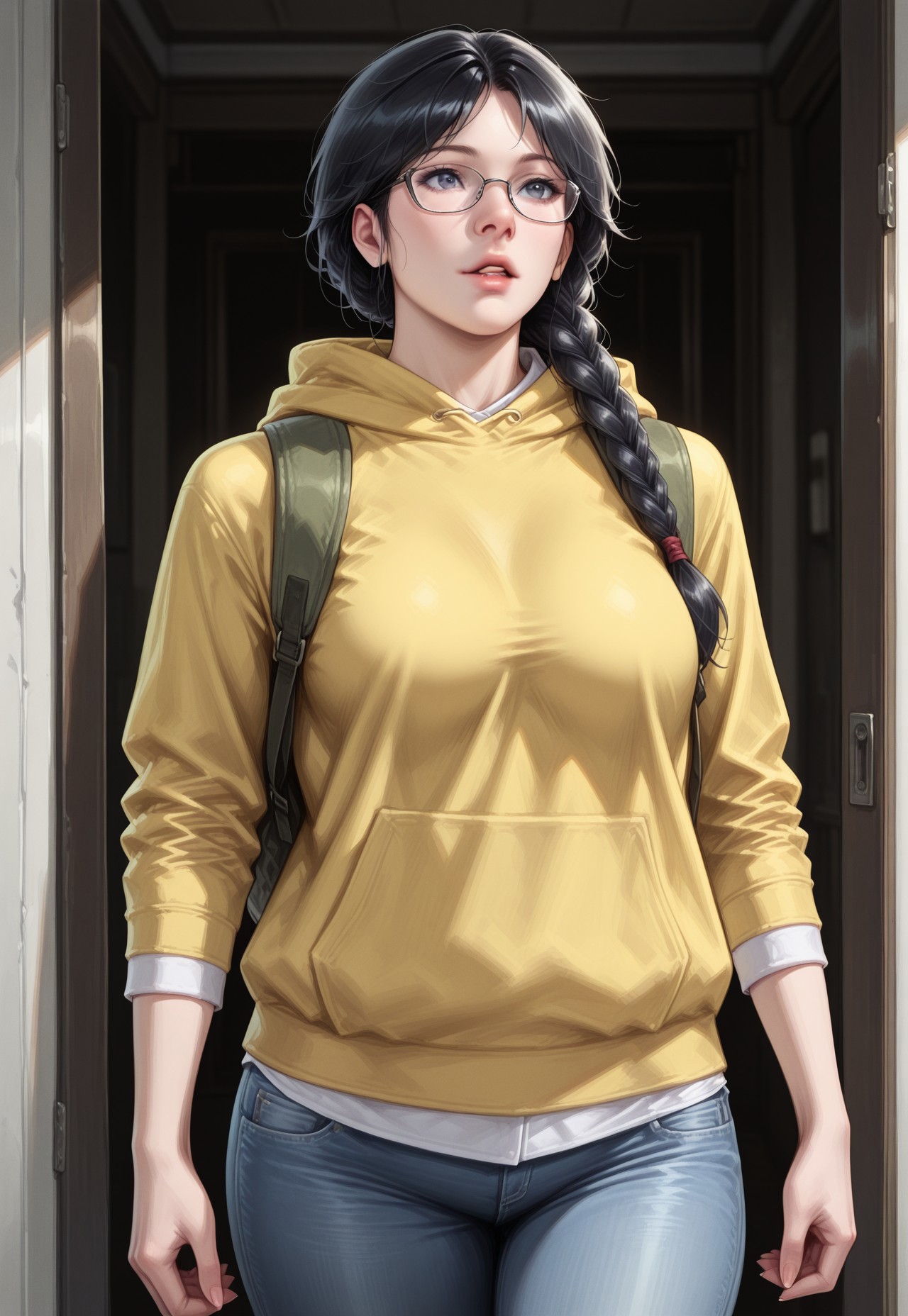 masterpiece, best quality, detailed, realistic, cowboy shot, parted lips, 1girl, solo, valeriehrer, black hair, single braid, hair over shoulder, glasses, yellow hoodie, hood down, backpack, denim jeans,