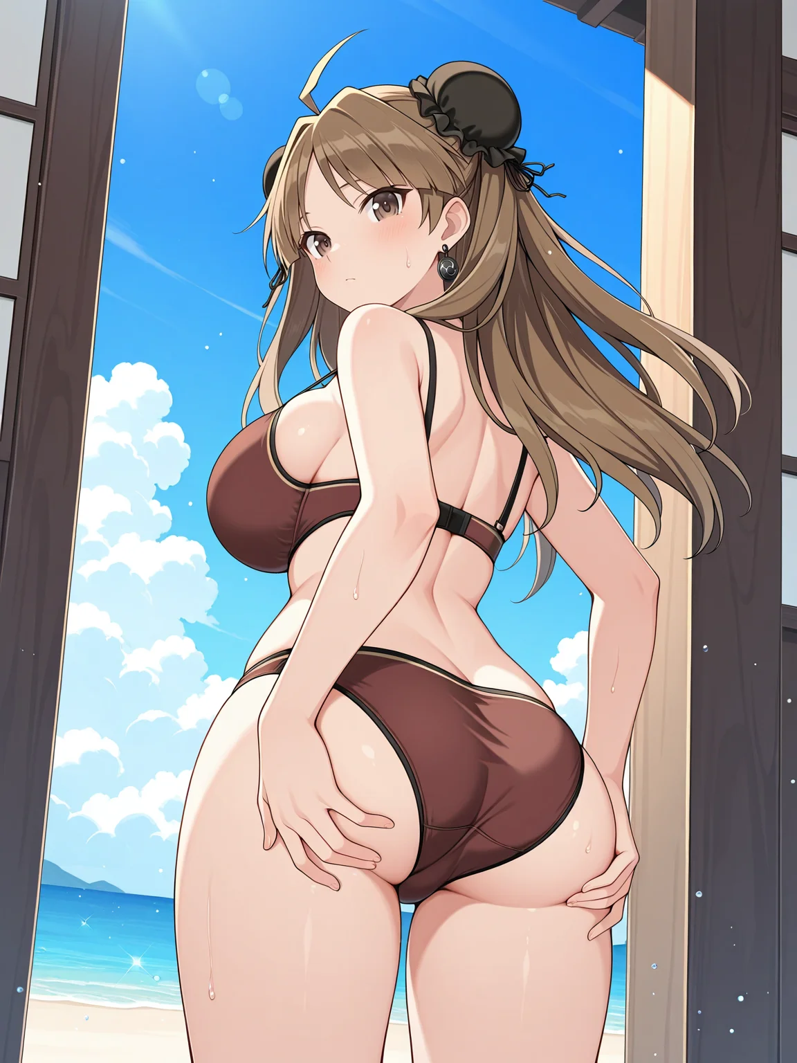 masterpiece, best quality, amazing quality
(solo:1.4), Renka_IL, brown eyes, long brown hair, ahoge, double bun, bun cover, hair ribbon, large breasts, Renka earrings, BREAK, Renka_Swim, brown bikini, brown bra, brown panties
from back, loocking back, from below
beach, blue sky, clouds, palms
<lora:Renka_IL:1>