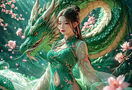 8k,highres,absurdres,masterpiece,best quality, girl, cheongsam with navel cutout, circlet, stands gracefully beside a majestic green dragon. . The dragon, with its intricate scales and fierce yet calm expression, wraps around her, creating a protective and harmonious bond between them. The backdrop is dark, with subtle lighting highlighting the dragon and the woman, and there are floating pink flowers adding to the ethereal atmosphere