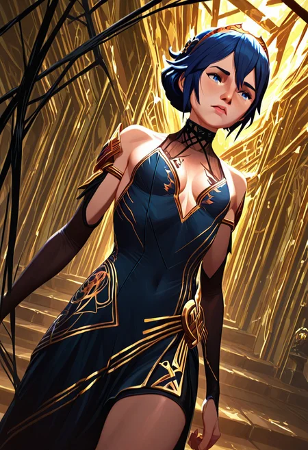 1girl, Lucina, (((regal yet revealing gown with fractured gold embroidery and void-black silk))), hair adorned with floating dark crystals, standing atop a collapsing bridge between Piltover and Zaun, reality warping around her, extreme close-up with a Dutch angle, eyes glowing with unstable power, surreal lighting, ultra-high detail, best quality
arcanstyle,
(((Cowboy shot)))