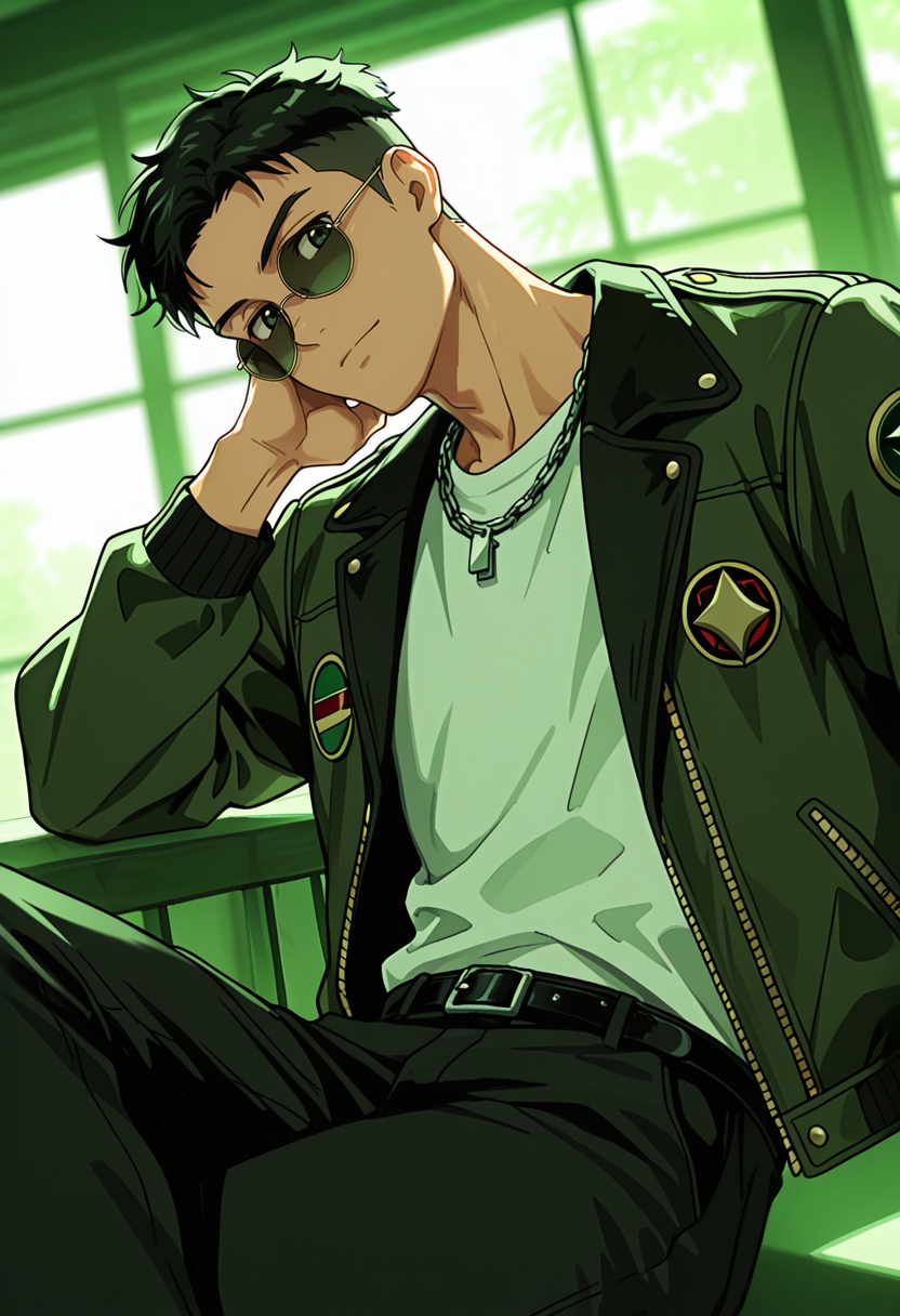 <lora:Yokokawa_Yuusuke_Love_All_Play:1> green_yok0kaw4_yuusuk3_eyes, yok0kaw4_yuusuk3, black_yok0kaw4_yuusuk3_hair, 1boy, anime coloring, male focus, solo, muscular male,  crossed legs, looking at viewer, chain necklace, black belt, bomber jacket, white shirt, open clothes, indoors, window shade, dark, high contrast, high key, green theme, circle formation, from side, head tilt, hand on own cheek, round eyewear, aviator sunglasses, shadow, dynamic angle, dynamic action, atmospheric perspective,  intricately detailed illustration, depth of field, intricate details, very awa, highres, perfect proportions, perfect eyes, amazing quality, masterpiece, best quality, very aesthetic, absurdres, newest