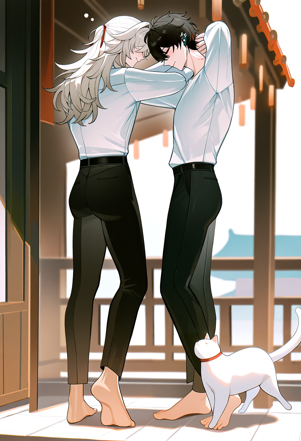 very awa, masterpiece, best quality, year 2024, newest, highres, absurdres, <lora:age_slider_v4:3> <lora:thicc_v1.4-pony:1.2>,detailed_background,outdoors,looking at another,multiple boys,tiptoes,shirt,closed eyes,honkai: star rail,hair between eyes,long sleeves,squeans,dan heng \(honkai: star rail\),toes,white shirt,closed mouth,barefoot,honkai \(series\),noco \(noco 1017\),hair down,long hair,short hair,crossed bangs,2boys,hair intakes,arms up,messy hair,yaoi,standing,white hair,feet,bite mark,cat,black hair,profile,black pants,smile,male focus,white cat,jing yuan,pants