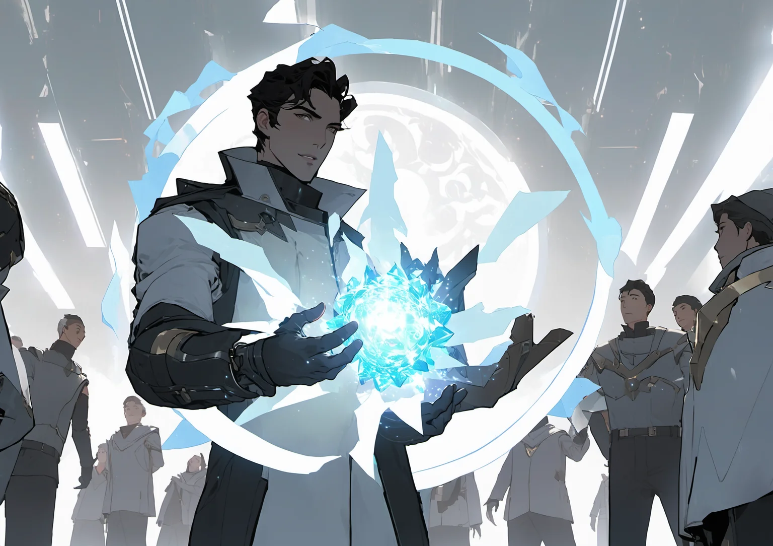 a man holding a glowing item in his hands in front of a group of people in a futuristic setting, <lora:[XL]knighthood:1>