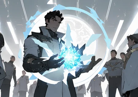 a man holding a glowing item in his hands in front of a group of people in a futuristic setting, <lora:[XL]knighthood:1>