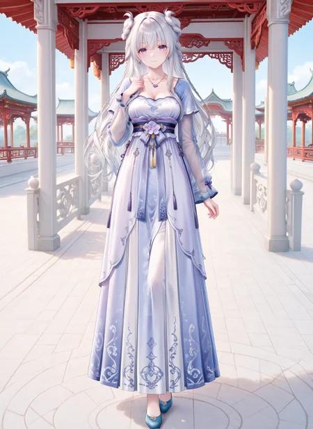 masterpiece,best quality,newest,absurdres,highres,soft shadows,year2024,mutou kurihito,(kimishima ao:0.7),(hiten \(hitenkei\):0.4),(sheya:0.4),
<lora:maiXLNAI:1> maiensemble, purple eyes, braid, long hair, white hair, hair between eyes,,smile,looking at viewer,
<lora:qixiongruqunXLNAI:1> xinsuitong, qixiong ruqun, chinese clothes, flower, necklace, see-through sleeves,long sleeves,
chinese architecture, outdoors,pavilion, full body,