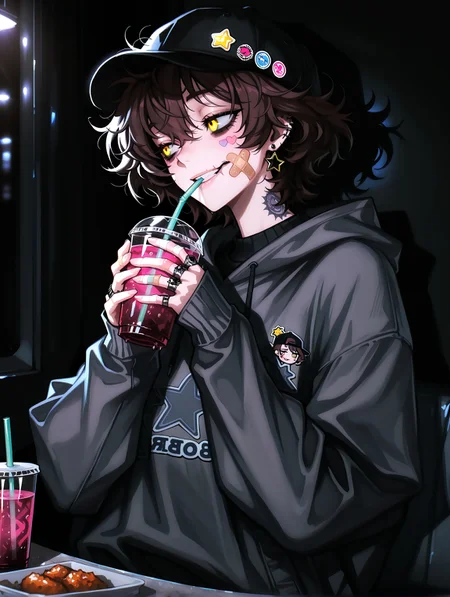 masterpiece, very aesthetic, best quality, hiper-detailed, intricate details, dynamic light, dramatic light, rich colors, dark, darkness, day, 23 years old, solo, cowboy shot, imtdticitoby, 1boy, male, brown hair, short hair, blood, messy hair, yellow eyes, bags under eyes, detailed background, dynamic angle, jewelry, hat, ring, scar, teeth, scar on mouth, holding, bandaid, star \(symbol\), cup, earrings, drinking straw, black headwear, smile, happy, long sleeves, upper body, bandaid on hand, holding cup, ear piercing, drinking, piercing, disposable cup, baseball cap, drink, jacket, bandaid on face, looking down, multiple rings, sleeves past wrists, hands up, shirt, drinking straw in mouth, sticker, many stickers on clothes, tattoo, parted lips, looking away, gray shirt, bandaid on cheek, holding drink, food, gray jacket, mouth hold, sweater, bendy straw, heart, star earrings, white jacket, thumb ring, eyelashes, looking to the side, blush, bandages, hood, bishounen, star print, lip piercing, hat ornament, gray sweater, restaurant, beautiful, too many colors
