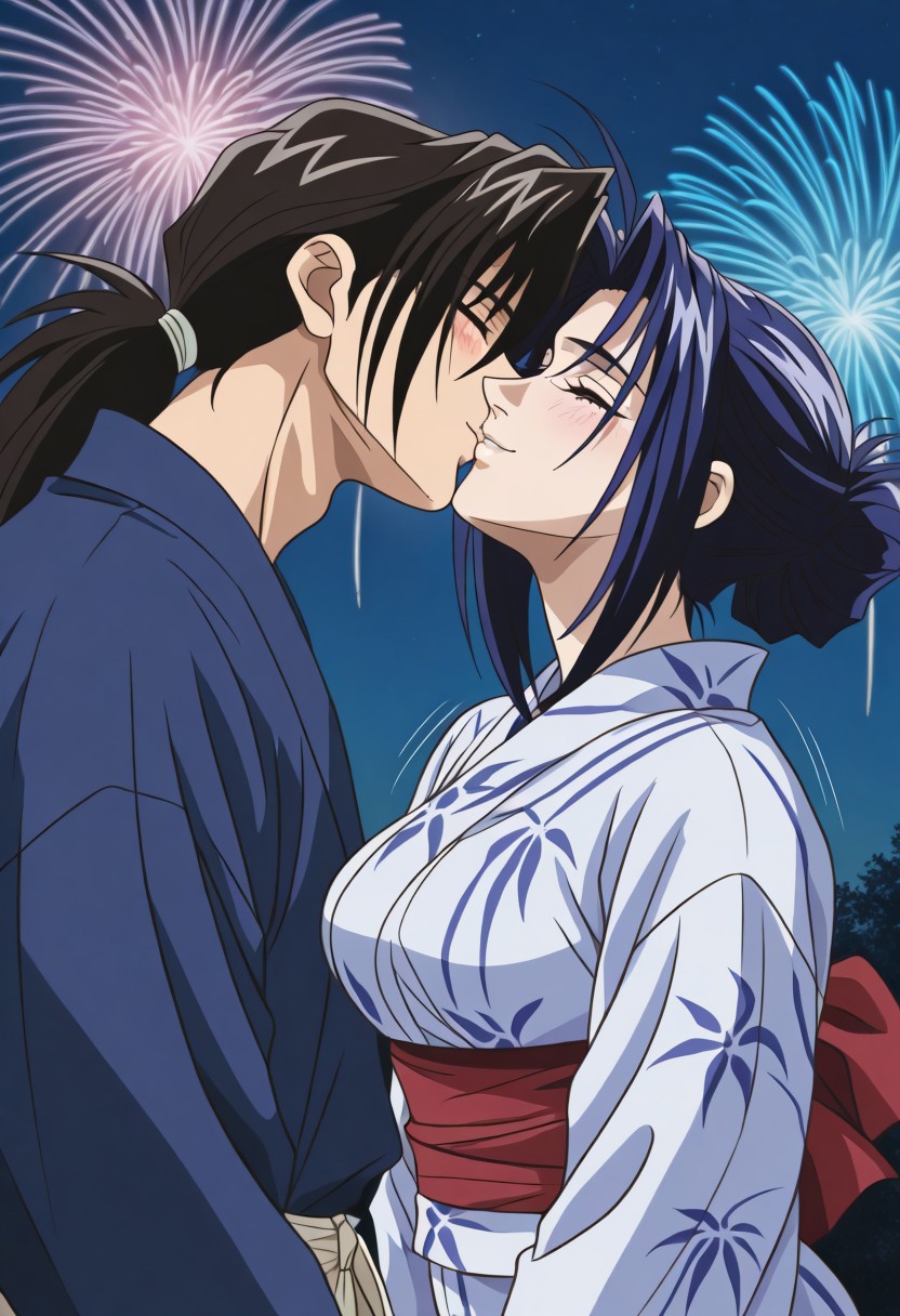masterpiece, best quality, newest, highres, uncensored, 1girl, yokota mamoru style,1girl, slender face，motion lines,blush,looking at the viewers,torogao,seductive smile
Amou Miyuki OVA,Black Hair, Blue Hair, Curtained Hair, Parted in Middle, Ponytail, Waist Length Hair,Blue Eyes, Tareme Eyes,Big Breasts,
1girl, fireworks, hetero, 1boy, japanese clothes, kimono, kiss, couple, aerial fireworks, night, hair bun, yukata, closed eyes, single hair bun, blue hair, sky, night sky, black hair, outdoors