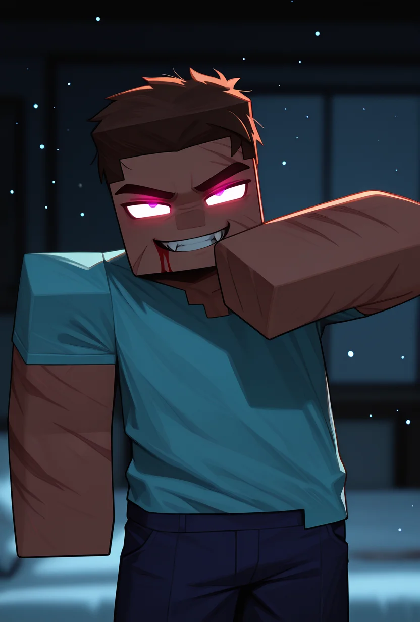 <lora:stevemc-08:1> stevemc, 1boy, male focus, cyan shirt, brown hair, dark-skinned male, dark blue pants, square, square body, pose, square arms , scars, no pupils, glowing eyes,, white sclera, wiping mouth, upper body, bleeding from mouth, clenched teeth, smile, fangs, cinematic, floating particles, blurry background, masterpiece, best quality, amazing quality, very aesthetic, absurdres, newest,