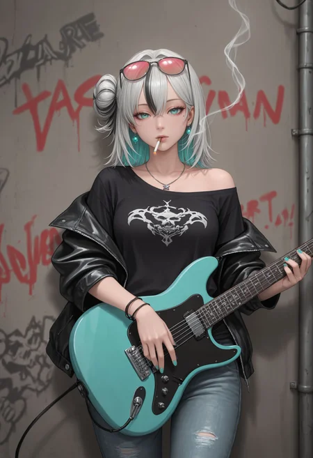 masterpiece,best quality,absurdres,highres,very aesthetic,high quality,detailed,insanely detailed,beautiful, , (realistic:0.5), solo, 1girl
, <lora:Jade Illu:1> azjade, aqua eyes, medium hair, two-tone hair, single side bun, mole under eye,
guitar, solo, instrument, cigarette, electric guitar, smoking, shirt, jewelry, pants, smoke, black shirt, holding, , looking at viewer, eyewear on head, necklace, jacket, off shoulder, wristband, sunglasses, earrings, graffiti, tinted eyewear,, short sleeves, holding instrument, cowboy shot, t-shirt, nail polish,