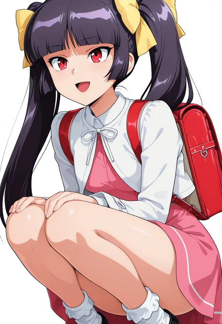 score_9,score_8_up,score_7_up,source_anime,5_figner,2d_animation,game cg,BREKE,1girl,solo,
zzSabrina, red eyes, long hair, blunt bangs, sabrina, purple hair, black hair,
frilled socks,white jacket,pink dress,vinyl red school backpack,bobby socks,
squatting,twin tails, ribbon,
smile,cowboyshot,openmouth,
small breasts,
simple background,white background,
masterpiece,best qualit,ultra-detailed,illustration,an extremely delicate and beautiful,beautiful detailed eyes,unity 8k wallpaper,high resolution,anime CG,official_art,Erotic_style, anime_coloring, anime_screencap,