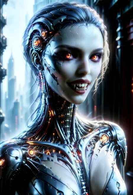 photorealistic, Ultra-HD-details, masterpiece.  Vampire 1girl, vampire style, smiles, open mouth, perfect fangs, ((silver color mechanical cyborg body, full robot body)), (dynamic pose), (realistic:1.0), (best quality real texture skin), full body, highly detailed skin, skin pores, (highly detailed face:1.0), (highly detailed eyes:1.0), realistic pupils, (perfect anatomy:1.0), (perfect proportions:1.0), (photography:1.0), (photorealistic:1.0), in the background a large cyber city, dynamic lighting, real shadows, (highres:1.0), sharp focus, daylight, (realistic, hyperrealistic:1.0), intricate, high detail, dramatic, big depth of field, vivid, harpened, ((full Sharp)), 8k hdr