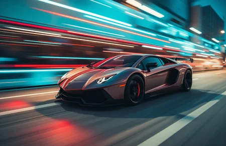 A supercar with vibrant lines of Turquoise and Rust behind it, conveying a sense of rapid acceleration and energy. The subject itself should be partially obscured by the motion blur, emphasizing the speed